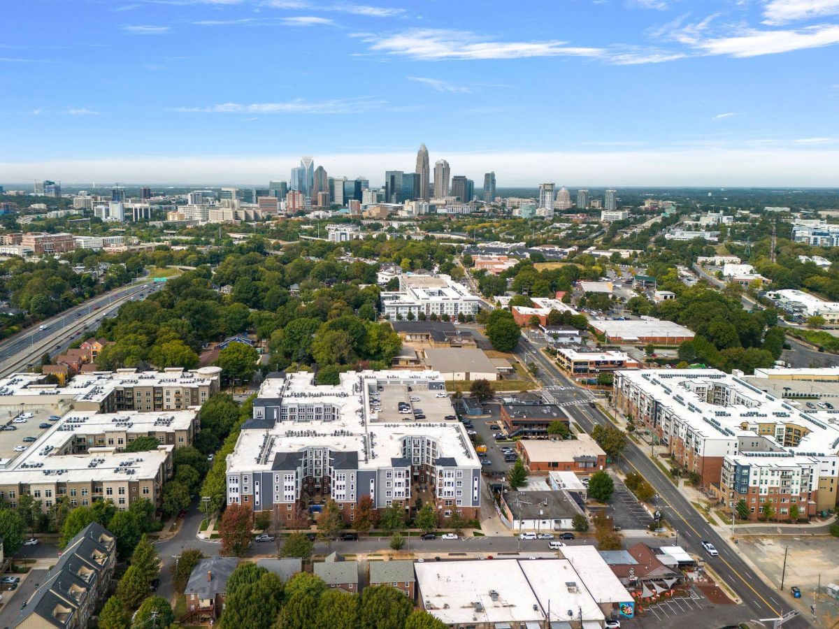 Drone shot of 808 Hawthorne apartments in Plaza Midwood, NC