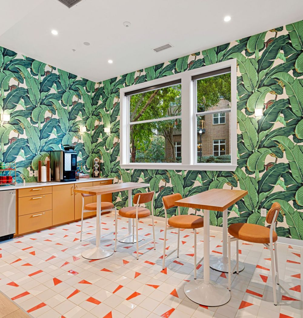 808 Hawthorne community clubhouse with funky fun decor and coffee bar