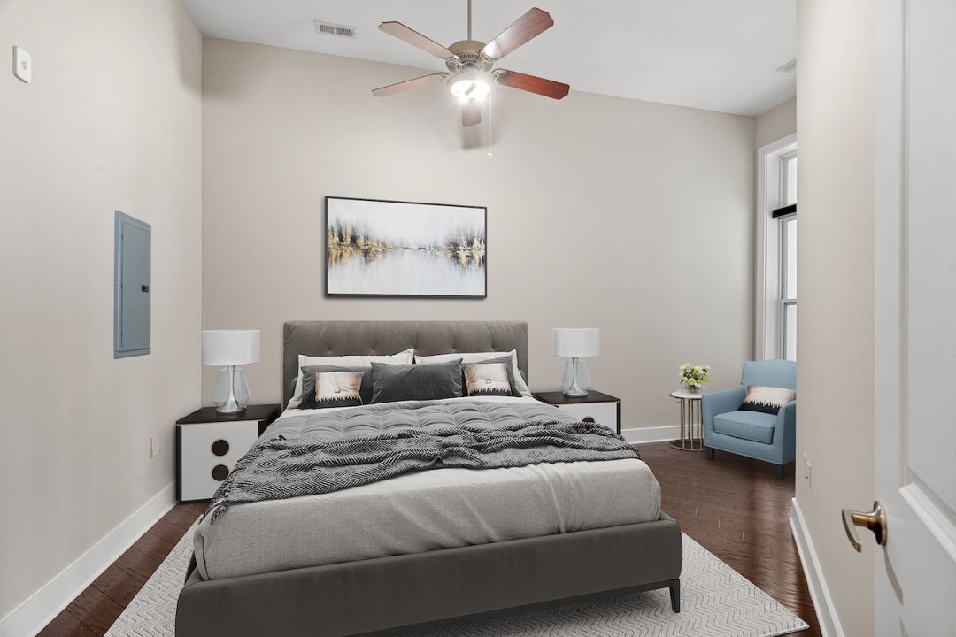808 Hawthorne bedroom with hardwood inspired floor and ceiling fan