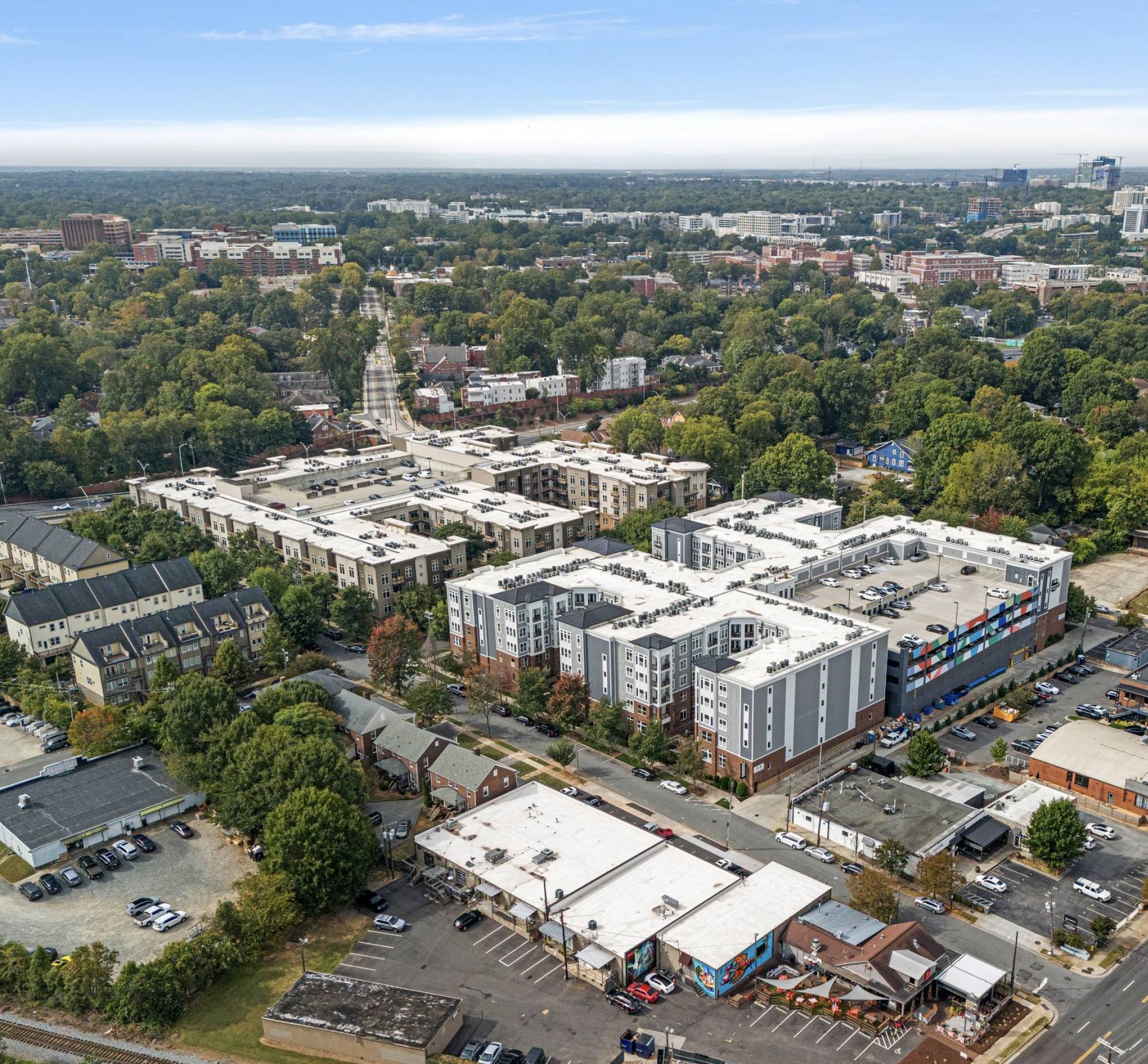Areal view of Plaza Midtown, NC including 808 Hawthorne apartments