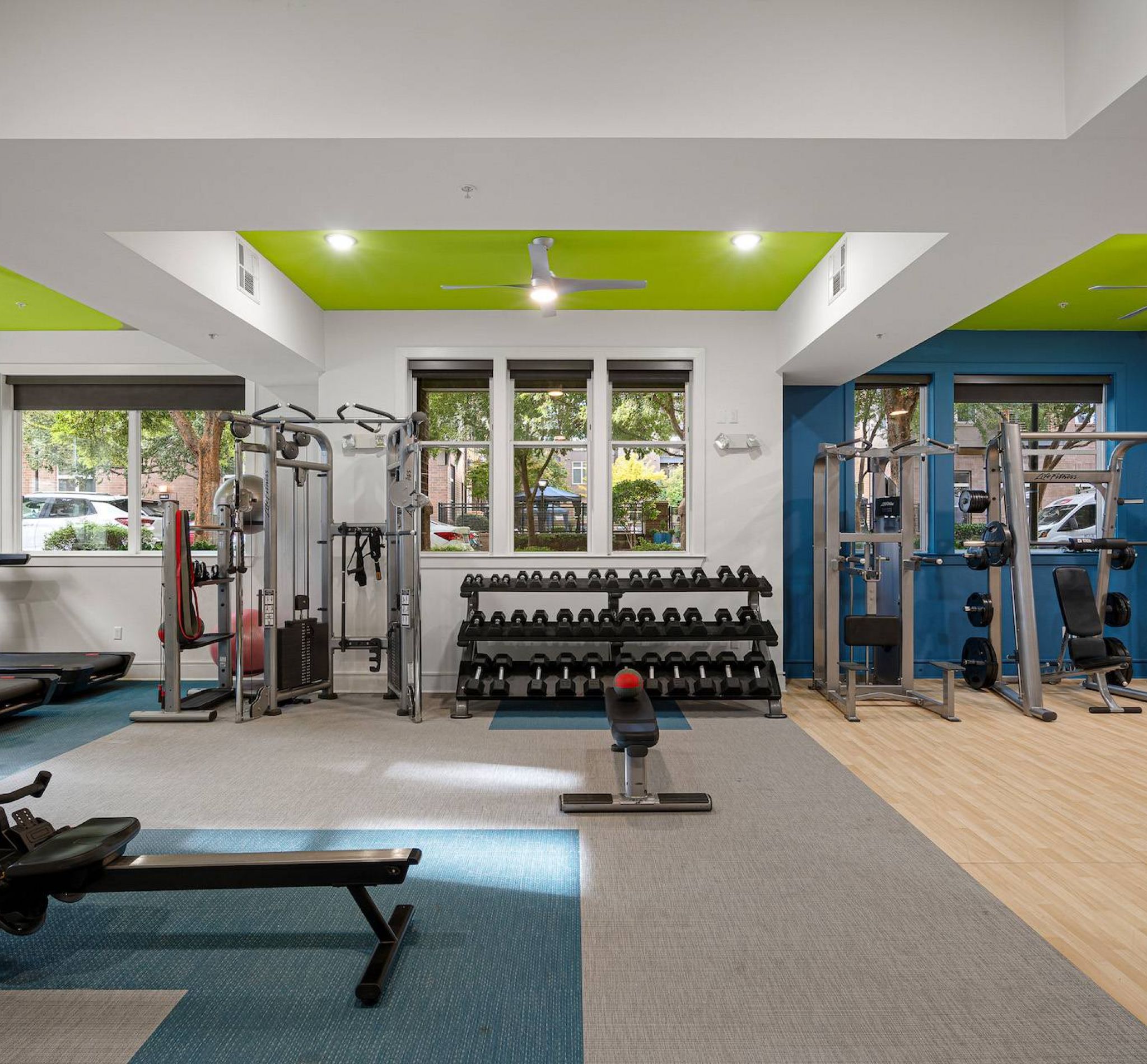 Weight machines and cardio equipment in fitness center at 808 Hawthorne